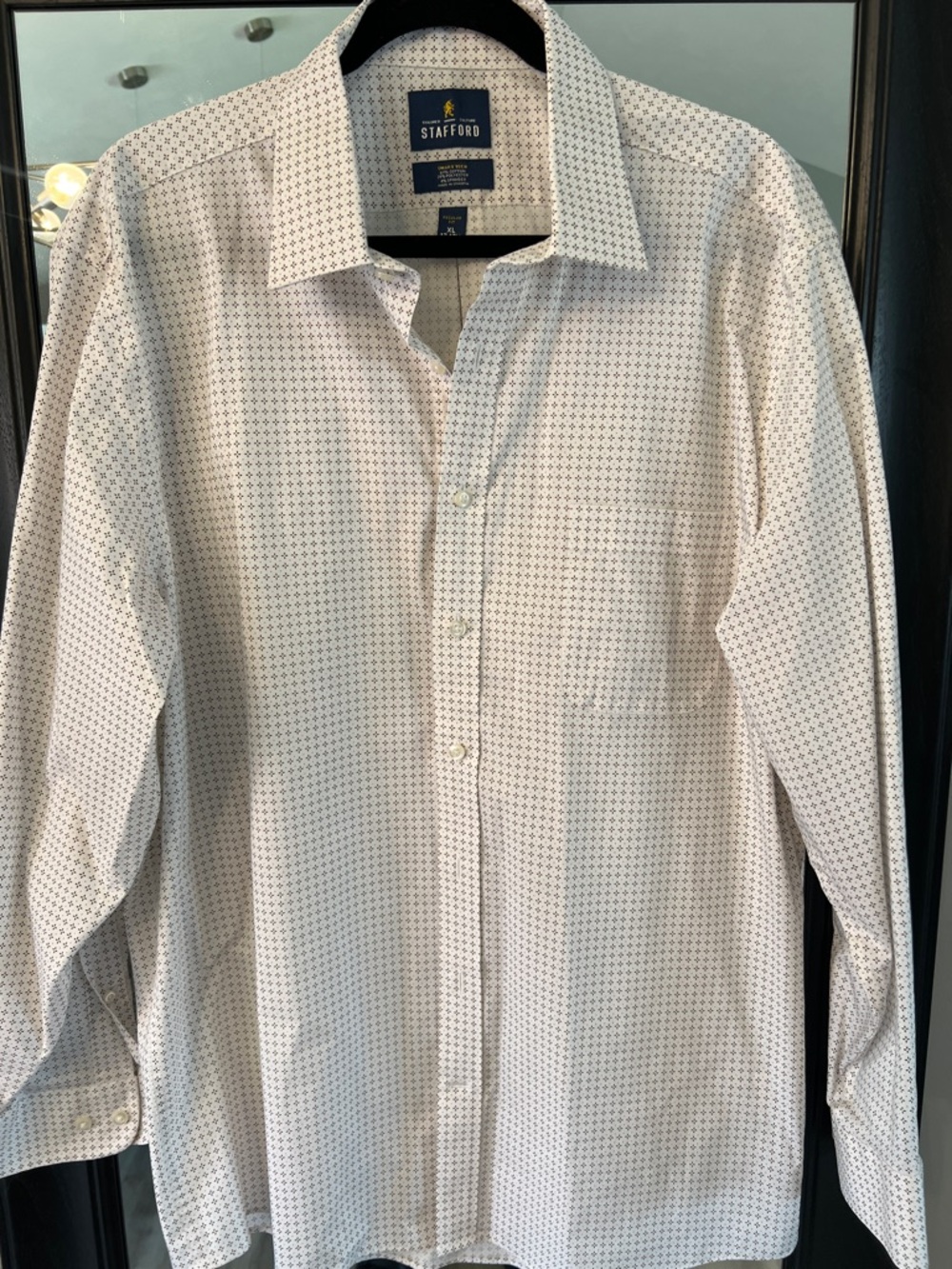 Stafford Men's White Dress Shirt with Navy Micro-Dot Pattern. Neck 17-17.5